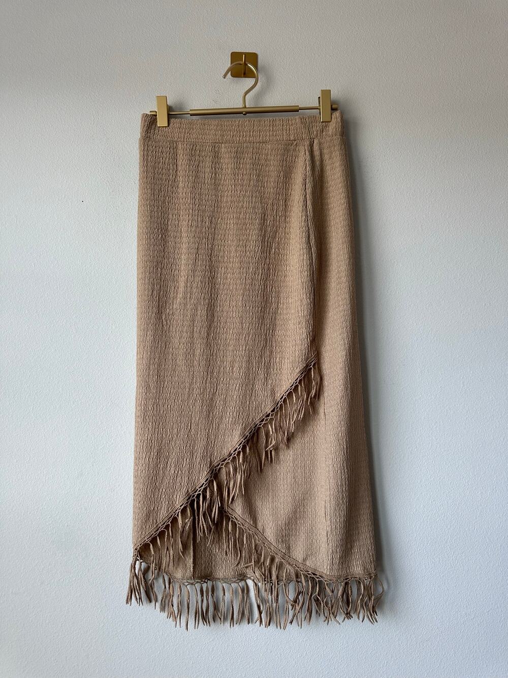 Brown Boho Fringe Maxi Skirt Asymmetrical Festival Coastal Western NEW